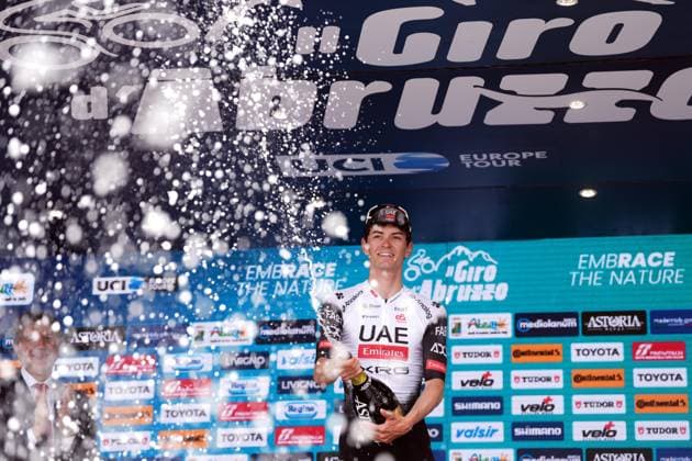 Covi Alessandro Of Uae Team Emirates Xrg winner of the stage 1 on the epodium during the Giro d™Abruzzo, stage 1 from Scerni to Crecchio (151 km) - Abruzzo, Italy - Tuesday, April 15, 2025. - cycling .  Copyright: xMassimoxPaolone LaPressex