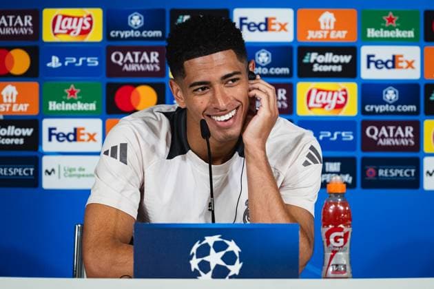 Sport Bilder des Tages Real Madrid CF Training Session And press conference, PK, Pressekonferenz - UEFA Champions League 2024 25 Quarter Final Second Leg Jude Bellingham of Real Madrid CF speaks during the Press Conference ahead of their UEFA Champions League 2024 25 quarter final second leg match at Ciudad Real Madrid on April 15, 2025 in Madrid, Spain. Valdebebas Ciudad Real Madrid Madrid Spain Copyright: xAlbertoxGardinx AGardin_20250415_Football_Champions_Real_PC_0137