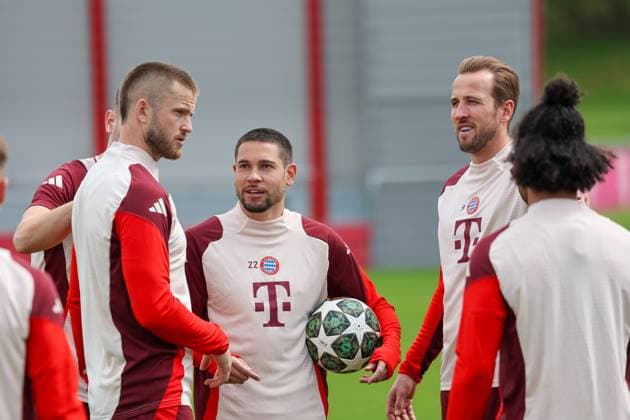 Eric Dier FC Bayern Muenchen, 15 with Raphael Guerreiro FC Bayern Muenchen, 22 and Harry Kane FC Bayern Muenchen, 09 , with Serge Gnabry FC Bayern Muenchen, 07 , GER, Final training, FC Bayern Muenchen, Football, UEFA Champions League, Quarter-final second leg, 2024 2025 season, 15 04 2025, GER, Final training, FC Bayern Muenchen, Football, UEFA Champions League, Quarter-final second leg, 2024 2025 season, 15 04 2025 Muenchen Copyright: xEibner-Pressefoto JennixMaulx EP_JML