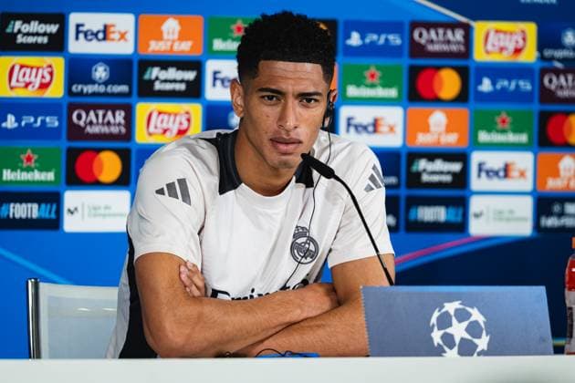 Real Madrid CF Training Session And press conference, PK, Pressekonferenz - UEFA Champions League 2024 25 Quarter Final Second Leg Jude Bellingham of Real Madrid CF speaks during the Press Conference ahead of their UEFA Champions League 2024 25 quarter final second leg match at Ciudad Real Madrid on April 15, 2025 in Madrid, Spain. Valdebebas Ciudad Real Madrid Madrid Spain Copyright: xAlbertoxGardinx AGardin_20250415_Football_Champions_Real_PC_0246