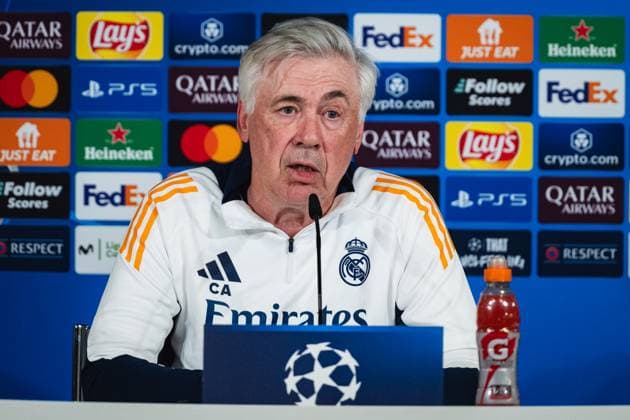 Real Madrid CF Training Session And press conference, PK, Pressekonferenz - UEFA Champions League 2024 25 Quarter Final Second Leg Carlo Ancelotti, head coach of Real Madrid CF, speaks during the Press Conference ahead of their UEFA Champions League 2024 25 quarter final second leg match at Ciudad Real Madrid on April 15, 2025 in Madrid, Spain. Valdebebas Ciudad Real Madrid Madrid Spain Copyright: xAlbertoxGardinx AGardin_20250415_Football_Champions_Real_PC_0273