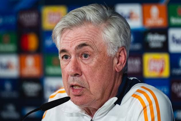 Real Madrid CF Training Session And press conference, PK, Pressekonferenz - UEFA Champions League 2024 25 Quarter Final Second Leg Carlo Ancelotti, head coach of Real Madrid CF, speaks during the Press Conference ahead of their UEFA Champions League 2024 25 quarter final second leg match at Ciudad Real Madrid on April 15, 2025 in Madrid, Spain. Valdebebas Ciudad Real Madrid Madrid Spain Copyright: xAlbertoxGardinx AGardin_20250415_Football_Champions_Real_PC_0276