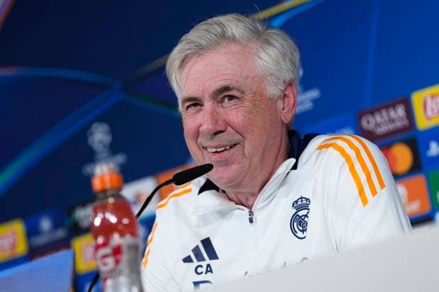 April 15, 2025, Valdebebas, Madrid, SPAIN: Carlo Ancelotti attends his press conference, PK, Pressekonferenz during a training session and press conference ahead of their UEFA Champions League 2024 25 quarter final second leg match at Ciudad Deportiva Real Madrid on April 15, 2025 in Valdebebas, Madrid, Spain. Valdebebas SPAIN - ZUMAa181 20250415_zaa_a181_023 Copyright: xOscarxJ.xBarrosox