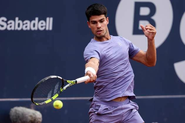 April 15, 2025, Barcelona, Barcelona, Spain: Carlos Alcaraz of Spain in actions against Ethan Quinn of United Stated during the first round tennis match of the Barcelona Open Banc Sabadell - Conde Godo 2025 Day 2 at Real Club De Tenis Barcelona on April 15, 2025 in Barcelona, Spain. Barcelona Spain - ZUMAa181 20250415_zaa_a181_113 Copyright: xJavierxBorregox