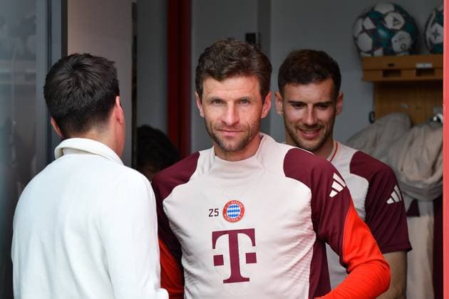 15 04 2025, FC Bayern Training Center, Munich, Last training session for FC Bayern Munich before heading to Milan , in the picture Thomas Müller Munich Photo by Midori Ikenouchi Hasan Bratic DeFodi Images