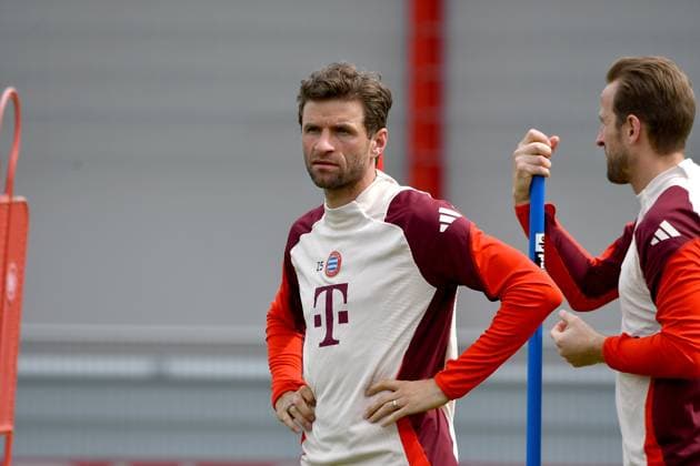 15 04 2025, FC Bayern Training Center, Munich, Last training session for FC Bayern Munich before heading to Milan , in the picture Thomas Müller Munich Photo by Midori Ikenouchi Hasan Bratic DeFodi Images