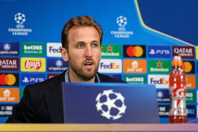 Harry Kane 9 FC Bayern Muenchen at the press conference, press conference, Inter Milan vs FC Bayern Muenchen, football, Champions League, quarter-final, second leg, 15 04 2025 Milan Lombardy Italy Copyright: xkolbert-press ChristianxKolbertx