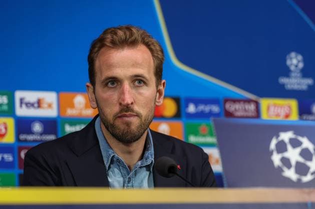 Harry Kane 9 FC Bayern Muenchen at the press conference, press conference, Inter Milan vs FC Bayern Muenchen, football, Champions League, quarter-final, second leg, 15 04 2025 Milan Lombardy Italy Copyright: xkolbert-press ChristianxKolbertx