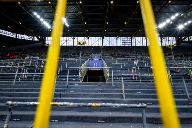 15 04 2025, Borussia Dortmund vs FC Barcelona, UEFA Champions League, quarter-final, second leg View of the empty stands in Block 13 on the South Stand at the Westfalenstadion Important note In accordance with UEFA regulations, it is prohibited to use or have used photographs taken in the stadium and or of the match in the form of sequential images and or video-like photo series Copyright: xDavidxInderliedx