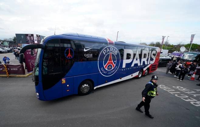 Birmingham, England, 15th April 2025. Paris Saint Germain arrive at the stadium before the Aston Villa vs Paris Saint Germain Quarter Final 2nd Leg UEFA Champions League match at Villa Park, Birmingham. Picture credit should read: Andrew Yates Sportimage EDITORIAL USE ONLY. No use with unauthorised audio, video, data, fixture lists, club league logos or live services. Online in-match use limited to 120 images, no video emulation. No use in betting, games or single club league player publications. SPI_014_AY_Villa_PSG SPI-3842-0014