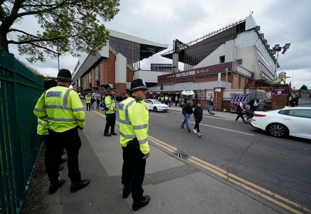 Birmingham, England, 15th April 2025. A heavy police presence before the Aston Villa vs Paris Saint Germain Quarter Final 2nd Leg UEFA Champions League match at Villa Park, Birmingham. Picture credit should read: Andrew Yates Sportimage EDITORIAL USE ONLY. No use with unauthorised audio, video, data, fixture lists, club league logos or live services. Online in-match use limited to 120 images, no video emulation. No use in betting, games or single club league player publications. SPI_016_AY_Villa_PSG SPI-3842-0016