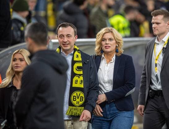 Soccer, men, 2024 2025 season, Champions League quarter-final, second leg , Borussia Dortmund FC Barcelona, from left influencer Pamela Reif, politician Paul Ziemiak CDU and politician Julia Klöckner CDU , 15 04 2025, Copyright: xSebastianxRäppold MatthiasxKochx