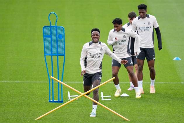 April 15, 2025, Valdebebas, Madrid, SPAIN: Vinicius Junior during a training session and press conference, PK, Pressekonferenz ahead of their UEFA Champions League 2024 25 quarter final second leg match at Ciudad Deportiva Real Madrid on April 15, 2025 in Valdebebas, Madrid, Spain. Valdebebas SPAIN - ZUMAa181 20250415_zaa_a181_079 Copyright: xOscarxJ.xBarrosox