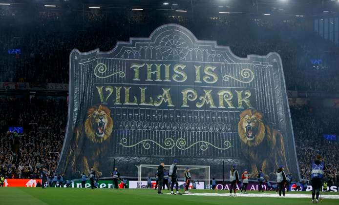 Aston Villa FC v Paris Saint-Germain - UEFA Champions League 2024 25 Quarter Final Second Leg A Villa park Banner is held up in front of the fans before the UEFA Champions League 2024 25 Quarter Final Second Leg match between Aston Villa FC and Paris Saint-Germain at Villa Park on April 15, 2025 in Birmingham, England. Birmingham Villa Park England United Kingdom Copyright: xNigelxFrench Sportsphoto APLx 14125561