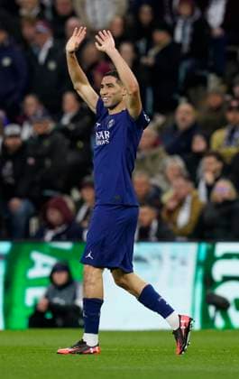 Birmingham, England, 15th April 2025. Achraf Hakimi of Paris St Germain celebrates scoring their first goal during the Aston Villa vs Paris Saint Germain Quarter Final 2nd Leg UEFA Champions League match at Villa Park, Birmingham. Picture credit should read: Andrew Yates Sportimage EDITORIAL USE ONLY. No use with unauthorised audio, video, data, fixture lists, club league logos or live services. Online in-match use limited to 120 images, no video emulation. No use in betting, games or single club league player publications. SPI_037_AY_Villa_PSG SPI-3842-0037