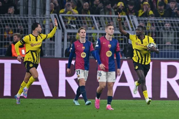 15 04 2025, Football, Champions League, quarter-finals, 2024 2025 season, Borussia Dortmund FC Barcelona, Ramy Bensebaini Borussia Dortmund , Serhou Guirassy Borussia Dortmund celebrates the 1-0 goal, xRHR PHOTO TKx Copyright: RHR-FOTOx RHR-FOTO TK