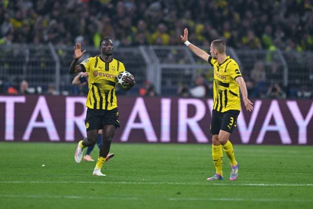 15 04 2025, Football, Champions League, quarter-finals, 2024 2025 season, Borussia Dortmund FC Barcelona, Serhou Guirassy Borussia Dortmund celebrates the goal for 1 0 Waldemar Anton Borussia Dortmund xRHR PHOTO TKx Copyright: RHR-FOTOx RHR-FOTO TK