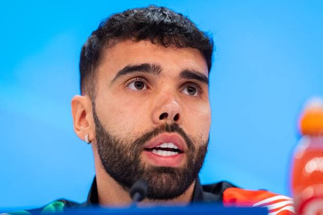 Arsenal FC press conference, PK, Pressekonferenz - UEFA Champions League 2024 25 Quarter Final Second Leg David Raya of Arsenal FC speaks during the press conference ahead of their UEFA Champions League 2024 25 quarter final second leg match at Estadio Santiago Bernabeu on April 15, 2025 in Madrid, Spain. Madrid Estadio Santiago Bernabeu Madrid Spain Copyright: xAlbertoxGardinx AGardin_20250415_Football_Champions_Arsenal_PC_0455