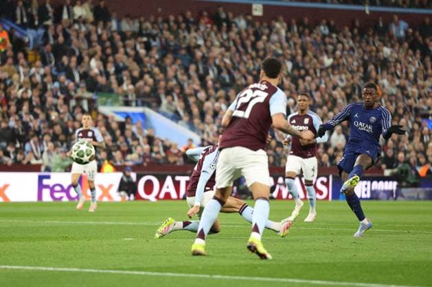 Nuno Mendes Paris Saint-Germain scores a goal and celebrates 0-2. Aston Villa v Paris Saint-Germain, UEFA Champions League, Quarter-Finals, 2nd Leg, Football, Villa Park, Birmingham, UK - 15 Apr 2025 EDITORIAL USE ONLY No use with unauthorised audio, video, data, fixture lists, club league logos or live services. Online in-match use limited to 120 images, no video emulation. No use in betting, games or single club league player publications. Copyright: xRyanxBrowne Shutterstockx 15253922bk