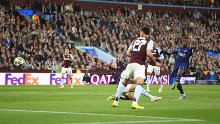 Nuno Mendes Paris Saint-Germain scores a goal and celebrates 0-2. Aston Villa v Paris Saint-Germain, UEFA Champions League, Quarter-Finals, 2nd Leg, Football, Villa Park, Birmingham, UK - 15 Apr 2025 EDITORIAL USE ONLY No use with unauthorised audio, video, data, fixture lists, club league logos or live services. Online in-match use limited to 120 images, no video emulation. No use in betting, games or single club league player publications. Copyright: xRyanxBrowne Shutterstockx 15253922bm