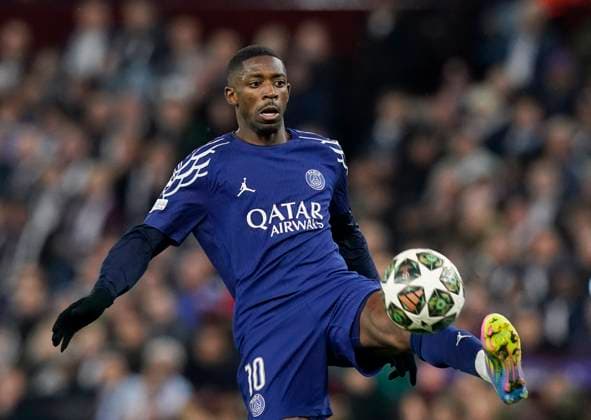 Birmingham, England, 15th April 2025. Ousmane Dembele of Paris St Germain during the Aston Villa vs Paris Saint Germain Quarter Final 2nd Leg UEFA Champions League match at Villa Park, Birmingham. Picture credit should read: Andrew Yates Sportimage EDITORIAL USE ONLY. No use with unauthorised audio, video, data, fixture lists, club league logos or live services. Online in-match use limited to 120 images, no video emulation. No use in betting, games or single club league player publications. SPI_065_AY_Villa_PSG SPI-3842-0063