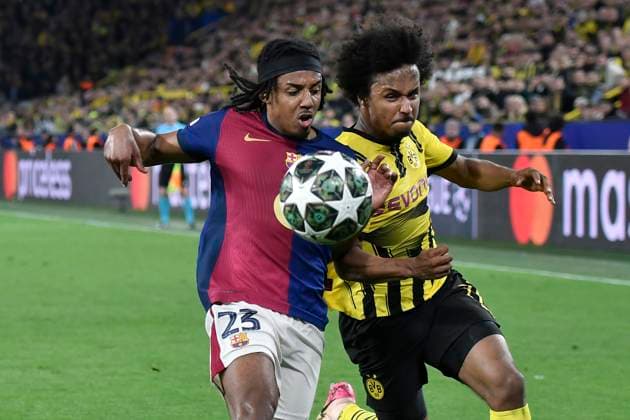 v li in duel Jules Kounde Barcelona 23 Karim Adeyemi Dortmund 27 15 04 2025 Soccer, Champions League, Borussia Dortmund vs FC Barcelona, Signal Iduna Park, Dortmund, Copyright: xpepphotox xHorstxMauelshagenx pep00321, pep_20250415_hm_4465