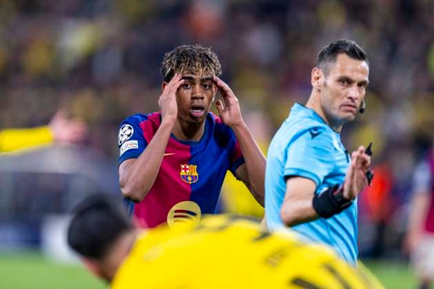 15 04 2025, Borussia Dortmund vs FC Barcelona, UEFA Champions League, quarter-final, second leg Barcelonas Lamine Yamal reacts Important note In accordance with UEFA regulations, it is prohibited to use or have used photographs taken in the stadium and or of the match in the form of sequential images and or video-like photo series Copyright: xDavidxInderliedx