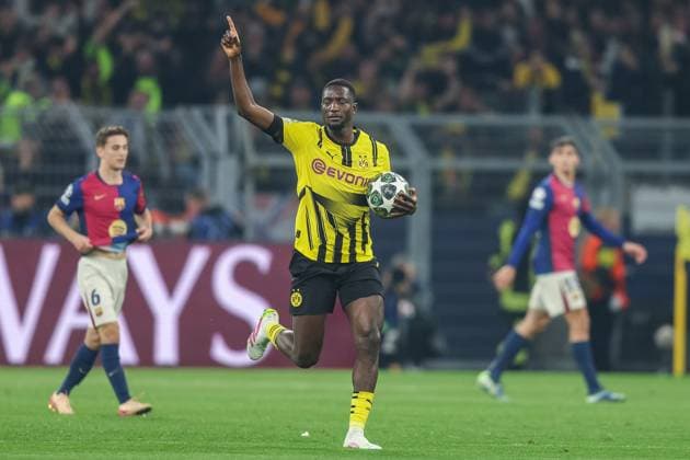 Soccer Champions League quarter final Borussia Dortmund FC Barcelona on 15 04 2025 at Signal Iduna Park in Dortmund Goal celebration to 1 0 by Serhou Guirassy Dortmund xJRx