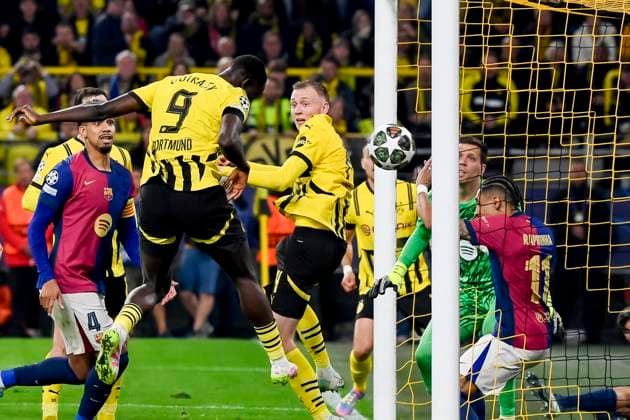 Serhou Guirassy Borussia Dortmund scores his team s second goal during the UEFA Champions League 2024 25 Quarter Final Second Leg match between Borussia Dortmund and FC Barcelona at BVB Stadion Dortmund on April 15, 2025 in Dortmund, Germany Photo by Max Maiwald DeFodi Images