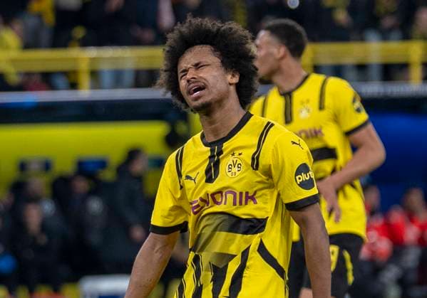 Karim Adeyemi Borussia Dortmund, 27 disappointed Borussia Dortmund vs FC Barcelona, Football, UEFA Champions League quarter-final second leg, 2024 2025 season, 15 04 2025 DFL regulations prohibit any use of photographs as image sequences and or quasi video Copyright: HMBxMedia xMarcoxBader