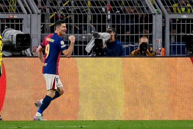 Robert Lewandowski FC Barcelona celebrates after scoring his team s first goal during the UEFA Champions League 2024 25 Quarter Final Second Leg match between Borussia Dortmund and FC Barcelona at BVB Stadion Dortmund on April 15, 2025 in Dortmund, Germany Photo by Max Maiwald DeFodi Images