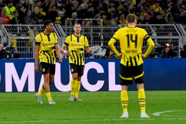 Felix Nmecha Borussia Dortmund and Waldemar Anton Borussia Dortmund looks dejected during the UEFA Champions League 2024 25 Quarter Final Second Leg match between Borussia Dortmund and FC Barcelona at BVB Stadion Dortmund on April 15, 2025 in Dortmund, Germany Photo by Max Maiwald DeFodi Images