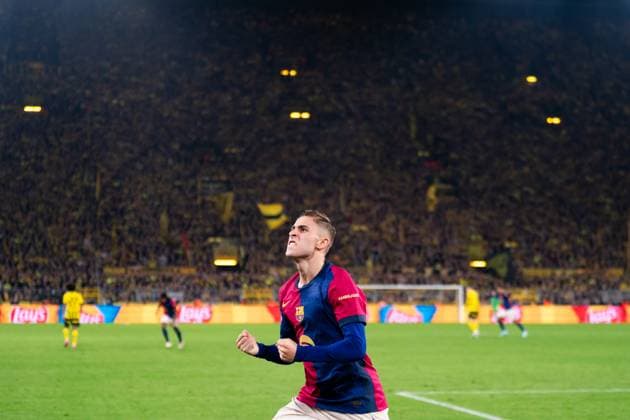 2025-04-15 Borussia Dortmund v FC Barcelona, Barca - UEFA Champions League 2024 25 Quarter Final Second Leg DORTMUND, GERMANY - APRIL 15: Fermin Lopez of FC Barcelona celebrates after the team s first goal during the UEFA Champions League 2024 25 Quarter Final Second Leg match between Borussia Dortmund and FC Barcelona at BVB Stadion Dortmund on April 15, 2025 in Dortmund, Germany. Dortmund BVB Stadion Dortmund Germany Content not available for redistribution in The Netherlands directly or indirectly through any third parties. Copyright: xJorisxVerwijstx