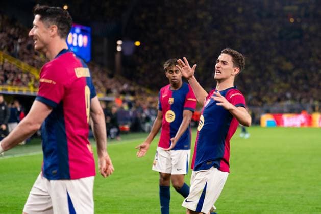 2025-04-15 Borussia Dortmund v FC Barcelona, Barca - UEFA Champions League 2024 25 Quarter Final Second Leg DORTMUND, GERMANY - APRIL 15: Gavi of FC Barcelona celebrates after the team s first goal during the UEFA Champions League 2024 25 Quarter Final Second Leg match between Borussia Dortmund and FC Barcelona at BVB Stadion Dortmund on April 15, 2025 in Dortmund, Germany. Dortmund BVB Stadion Dortmund Germany Content not available for redistribution in The Netherlands directly or indirectly through any third parties. Copyright: xJorisxVerwijstx