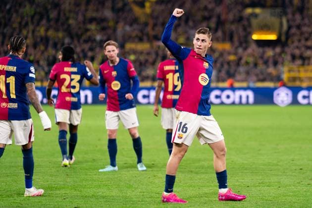 2025-04-15 Borussia Dortmund v FC Barcelona, Barca - UEFA Champions League 2024 25 Quarter Final Second Leg DORTMUND, GERMANY - APRIL 15: Fermin Lopez of FC Barcelona celebrates after the team s first goal during the UEFA Champions League 2024 25 Quarter Final Second Leg match between Borussia Dortmund and FC Barcelona at BVB Stadion Dortmund on April 15, 2025 in Dortmund, Germany. Dortmund BVB Stadion Dortmund Germany Content not available for redistribution in The Netherlands directly or indirectly through any third parties. Copyright: xJorisxVerwijstx