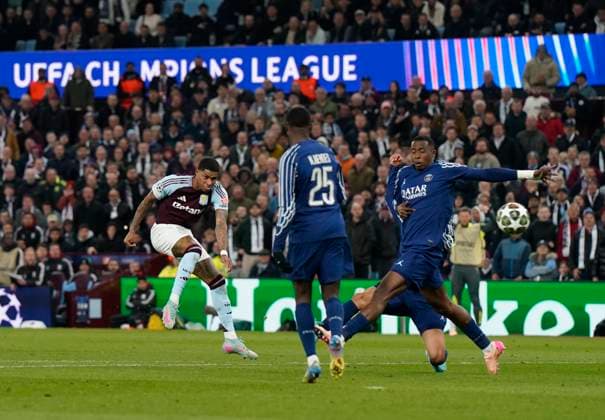 Birmingham, England, 15th April 2025. Aston Villa s Marcus Rashford shoots during the Aston Villa vs Paris Saint Germain Quarter Final 2nd Leg UEFA Champions League match at Villa Park, Birmingham. Picture credit should read: Andrew Yates Sportimage EDITORIAL USE ONLY. No use with unauthorised audio, video, data, fixture lists, club league logos or live services. Online in-match use limited to 120 images, no video emulation. No use in betting, games or single club league player publications. SPI_075_AY_Villa_PSG SPI-3842-0074