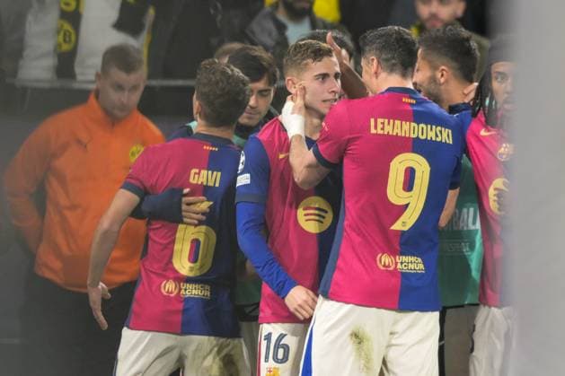 Soccer, Champions League, 20250415, BV Borussia Dortmund FC Barcelona In the picture Barcelona goal celebration cheers goal 2 1 Dortmund Signal Iduna Park North Rhine-Westphalia Germany Copyright: Passion2Press MarkusxFischerx