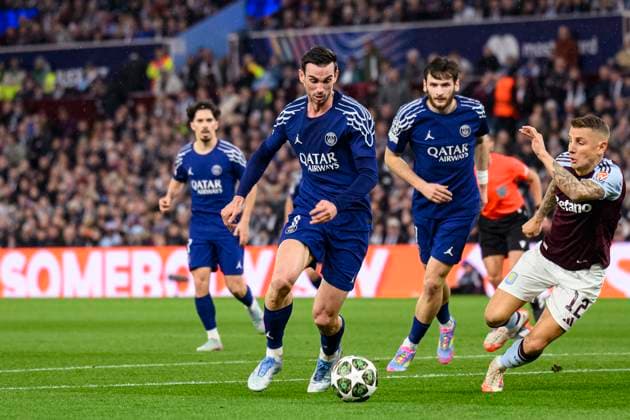 Aston Villa FC v Paris Saint-Germain - UEFA Champions League 2024 25 Quarter-Finals Second Leg BIRMINGHAM, ENGLAND - APRIL 15: Fabian Ruiz of Paris Saint Germain (L) plays against Lucas Digne of Aston Villa (R) during the UEFA Champions League 2024 25 Quarter-Finals Second Leg match between Aston Villa FC and Paris Saint-Germain at Villa Park on April 15, 2025 in Birmingham, England. BirminghamUnited Kingdom  Copyright: xRichardxCallisx