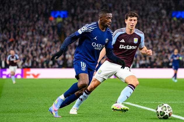 Aston Villa FC v Paris Saint-Germain - UEFA Champions League 2024 25 Quarter-Finals Second Leg BIRMINGHAM, ENGLAND - APRIL 15: Ousmane DembÃ lÃ of Paris Saint Germain (L) plays against Pau Torres of Aston Villa (R) during the UEFA Champions League 2024 25 Quarter-Finals Second Leg match between Aston Villa FC and Paris Saint-Germain at Villa Park on April 15, 2025 in Birmingham, England. BirminghamUnited Kingdom  Copyright: xRichardxCallisx