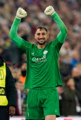 Birmingham, England, 15th April 2025. Gianluigi Donnarumma of Paris St Germain celebrates the win during the Aston Villa vs Paris Saint Germain Quarter Final 2nd Leg UEFA Champions League match at Villa Park, Birmingham. Picture credit should read: Andrew Yates Sportimage EDITORIAL USE ONLY. No use with unauthorised audio, video, data, fixture lists, club league logos or live services. Online in-match use limited to 120 images, no video emulation. No use in betting, games or single club league player publications. SPI_101_AY_Villa_PSG SPI-3842-0100