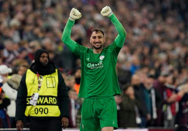 Birmingham, England, 15th April 2025. Gianluigi Donnarumma of Paris St Germain celebrates the win during the Aston Villa vs Paris Saint Germain Quarter Final 2nd Leg UEFA Champions League match at Villa Park, Birmingham. Picture credit should read: Andrew Yates Sportimage EDITORIAL USE ONLY. No use with unauthorised audio, video, data, fixture lists, club league logos or live services. Online in-match use limited to 120 images, no video emulation. No use in betting, games or single club league player publications. SPI_103_AY_Villa_PSG SPI-3842-0102