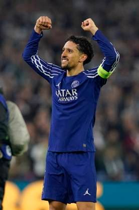 Birmingham, England, 15th April 2025. Marquinhos of Paris St Germain celebrates the win during the Aston Villa vs Paris Saint Germain Quarter Final 2nd Leg UEFA Champions League match at Villa Park, Birmingham. Picture credit should read: Andrew Yates Sportimage EDITORIAL USE ONLY. No use with unauthorised audio, video, data, fixture lists, club league logos or live services. Online in-match use limited to 120 images, no video emulation. No use in betting, games or single club league player publications. SPI_107_AY_Villa_PSG SPI-3842-0105