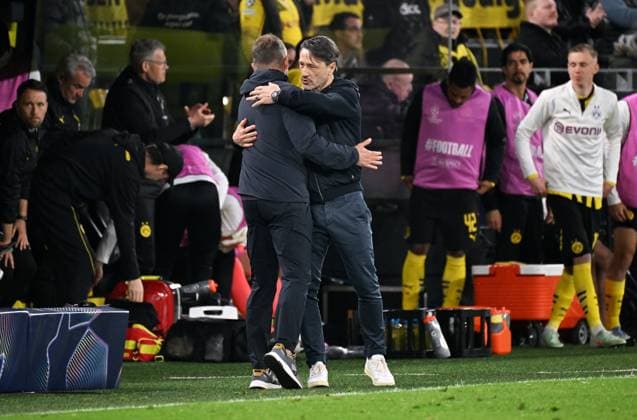 Football, Champions League, Germany, Men, Season 2024 2025, Quarter-final second leg, Signal Iduna Park Dortmund Bor Dortmund FC Barcelona 3 1 Head coach Niko Kovac BVB and head coach Hansi Flick BCN after the end of the match