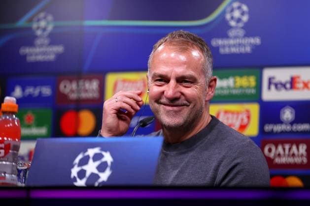 15 04 2025, Football, UEFA Champions League, Borussia Dortmund FC Barcelona, BVB Stadion, Quarterfinals, Season 2024 2025 Press conference with the coaches after the match Head coach Hansi Flick FC Barcelona hc laughing Cheerful joy smiling Regulations prohibit any use of photographs as image sequences and or quasi video North Rhine-Westphalia Germany