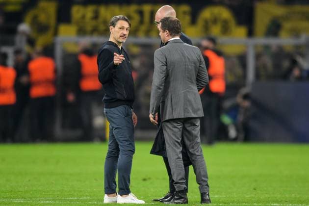 Soccer, Champions League, 20250415, BV Borussia Dortmund FC Barcelona In the picture from left coach Dortmund Niko KOVAC, Managing Director Dortmund Carsten CRAMER, Managing Director Sport Lars RICKEN after the final whistle Dortmund Signal Iduna Park North Rhine-Westphalia Germany Copyright: Passion2Press MarkusxFischerx