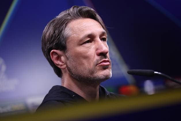 15 04 2025, Football, UEFA Champions League, Borussia Dortmund FC Barcelona, BVB Stadion, Quarter-finals, Season 2024 2025 The coaches at the post-match press conference Coach Niko Kovac Head coach BVB dissatisfied Disappointed Unhappy Tense Mimic Regulations prohibit any use of photographs as image sequences and or quasi video Nordrhein Westfalen Germany
