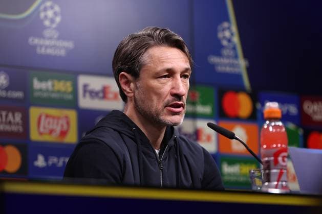 15 04 2025, Football, UEFA Champions League, Borussia Dortmund FC Barcelona, BVB Stadion, Quarter-finals, Season 2024 2025 The coaches at the post-match press conference Coach Niko Kovac Head Coach BVB Regulations prohibit any use of photographs as image sequences and or quasi video North Rhine-Westphalia Germany