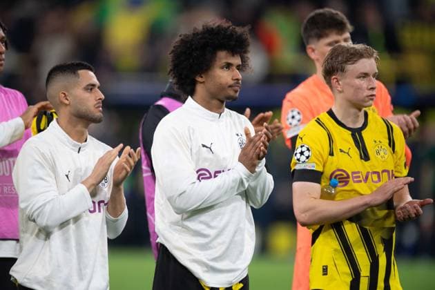v l Yan Bueno COUTO DO , Karim David ADEYEMI DO , Daniel SVENSSON DO enttaeuscht, enttäuscht, Enttäuschung, Enttaeuschung Fussball Champions League, Viertelfinale, Round of 8, Borussia Dortmund DO FC Barcelona Barca 3 1 am 15 04 2025 in Dortmund Deutschland UEFA regulations prohibit any use of photographs as image sequences and or quasi video Â