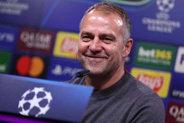 15 04 2025, Football, UEFA Champions League, Borussia Dortmund FC Barcelona, BVB Stadion, Quarter-finals, Season 2024 2025 The coaches at the post-match press conference Head coach Hansi Flick FC Barcelona hc laughing happy satisfied Happy smiling Mimic Regulations prohibit any use of photographs as image sequences and or quasi video North Rhine-Westphalia Germany