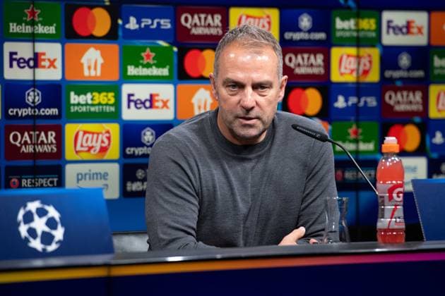 Coach Hans Dieter Hansi FLICK Barca at the post-match press conference, Football Champions League, Quarter Final, Round of 8, Borussia Dortmund DO FC Barcelona Barca 3 1 on 15 04 2025 in Dortmund Germany UEFA regulations prohibit any use of photographs as image sequences and or quasi video Â
